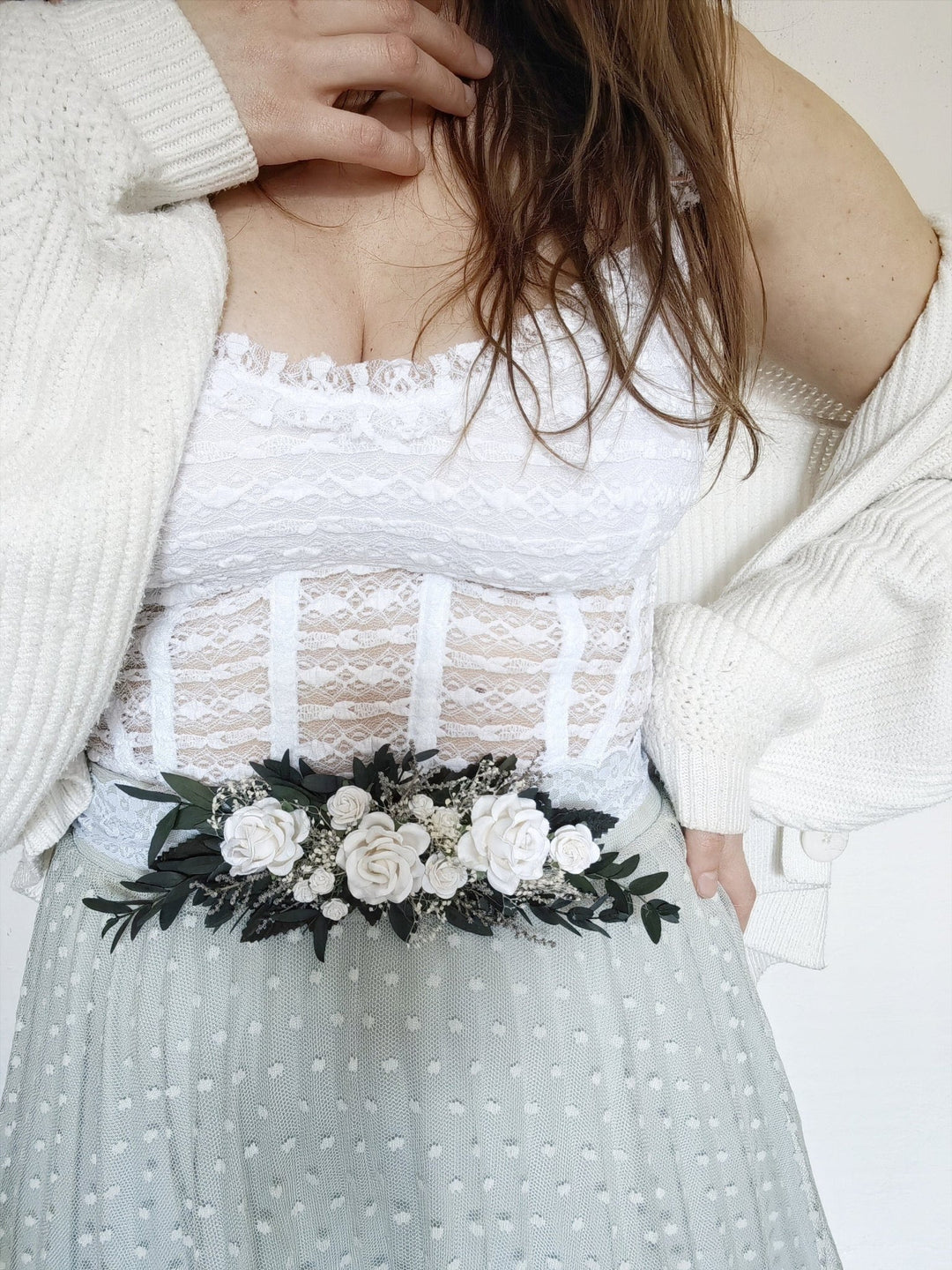 Greenery Bridal Belt: White Roses & Eucalyptus Floral Belt – handmade floral hair accessory by magaela