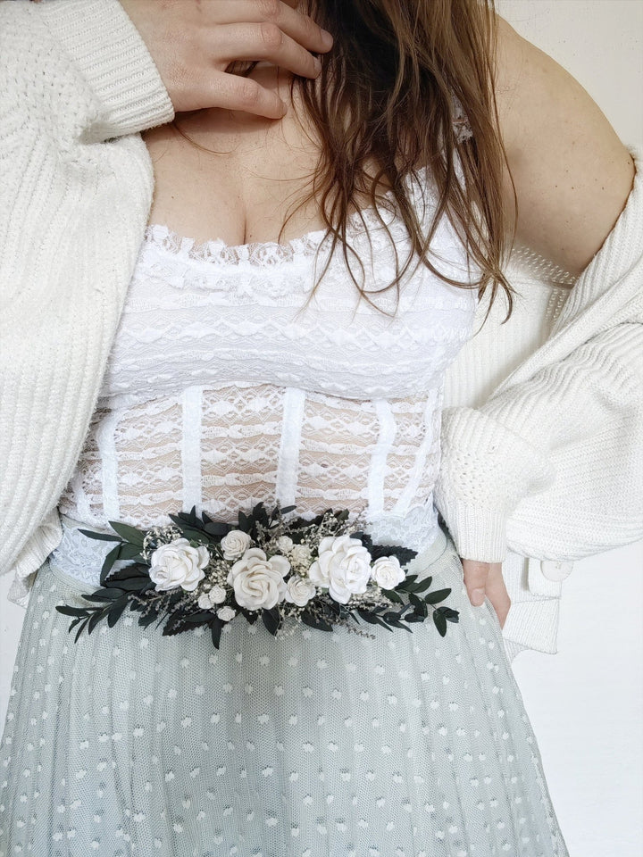 Greenery Bridal Belt: White Roses & Eucalyptus Floral Belt – handmade floral hair accessory by magaela