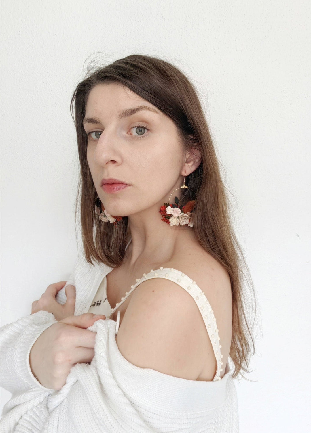 Terracotta Flower Circle Earrings: Autumn Wedding Jewelry – handmade floral hair accessory by magaela