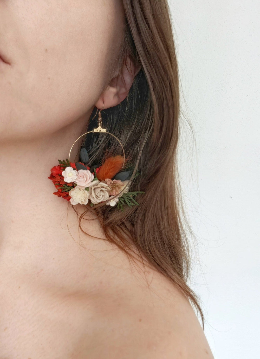 Terracotta Flower Circle Earrings: Autumn Wedding Jewelry – handmade floral hair accessory by magaela