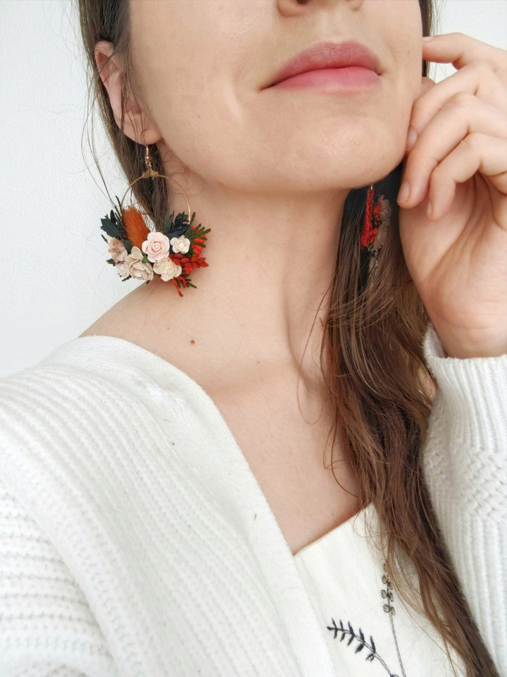 Terracotta Flower Circle Earrings: Autumn Wedding Jewelry – handmade floral hair accessory by magaela