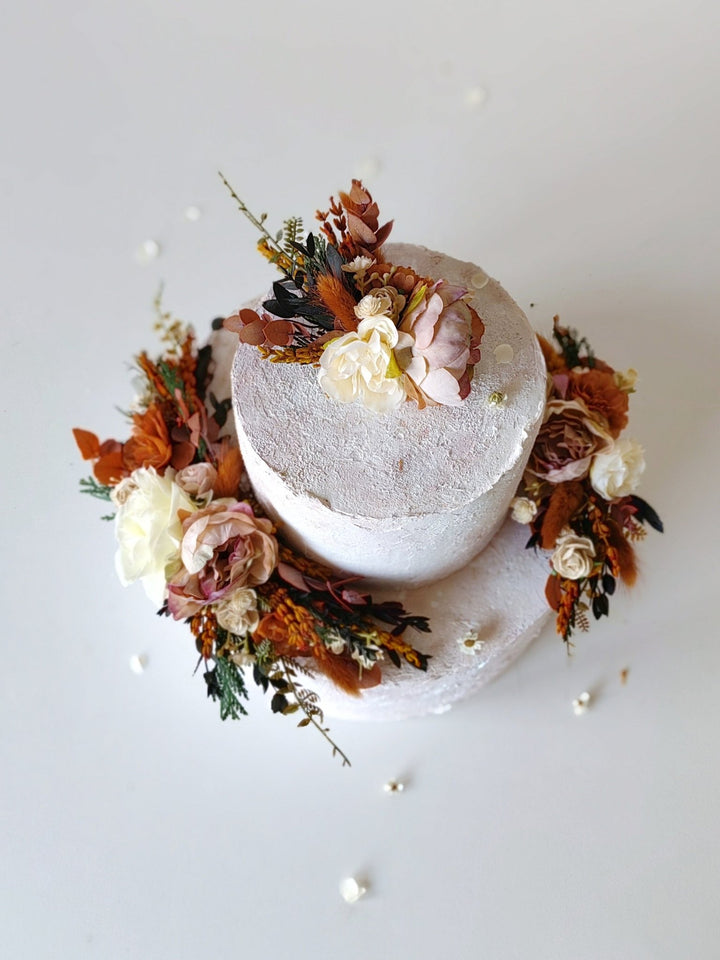 Terracotta Flower Cake Topper: Autumn Wedding Cake Decoration, Set of 3 – handmade floral hair accessory by magaela