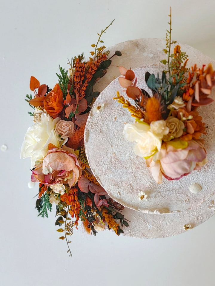 Terracotta Flower Cake Topper: Autumn Wedding Cake Decoration, Set of 3 – handmade floral hair accessory by magaela