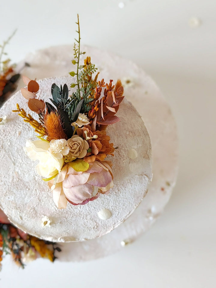 Terracotta Flower Cake Topper: Autumn Wedding Cake Decoration, Set of 3 – handmade floral hair accessory by magaela