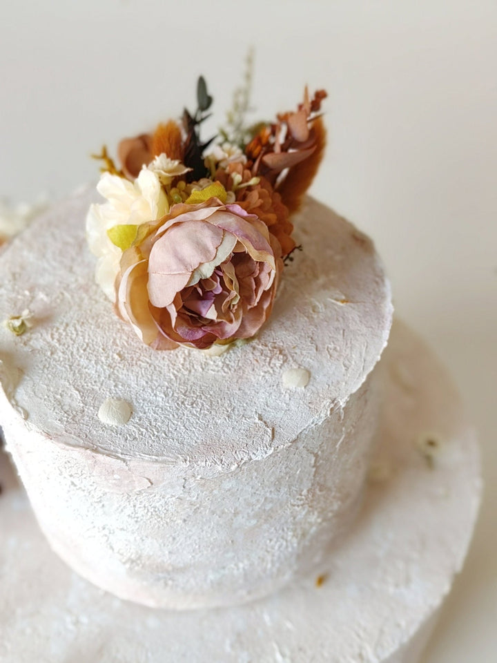 Terracotta Flower Cake Topper: Autumn Wedding Cake Decoration, Set of 3 – handmade floral hair accessory by magaela