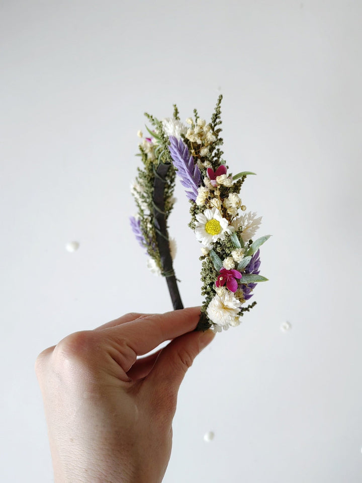 Lavender Daisy Flower Crown: Bridal Meadow Headpiece – handmade floral hair accessory by magaela
