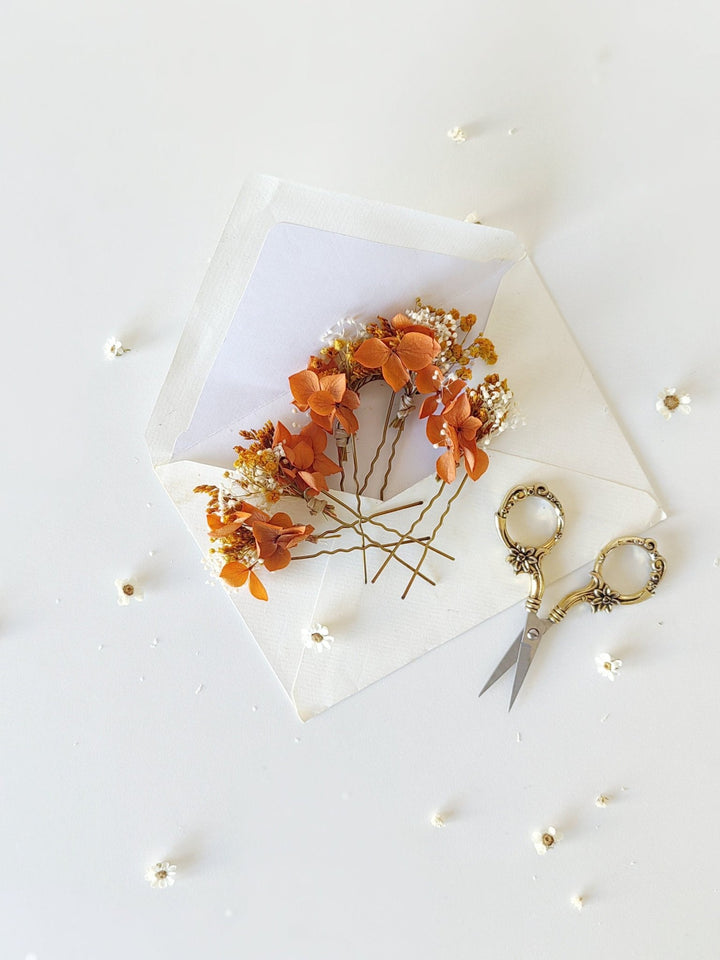Terracotta Hydrangea Hairpins: Dried Flower Bridal Hair Accessories – handmade floral hair accessory by magaela