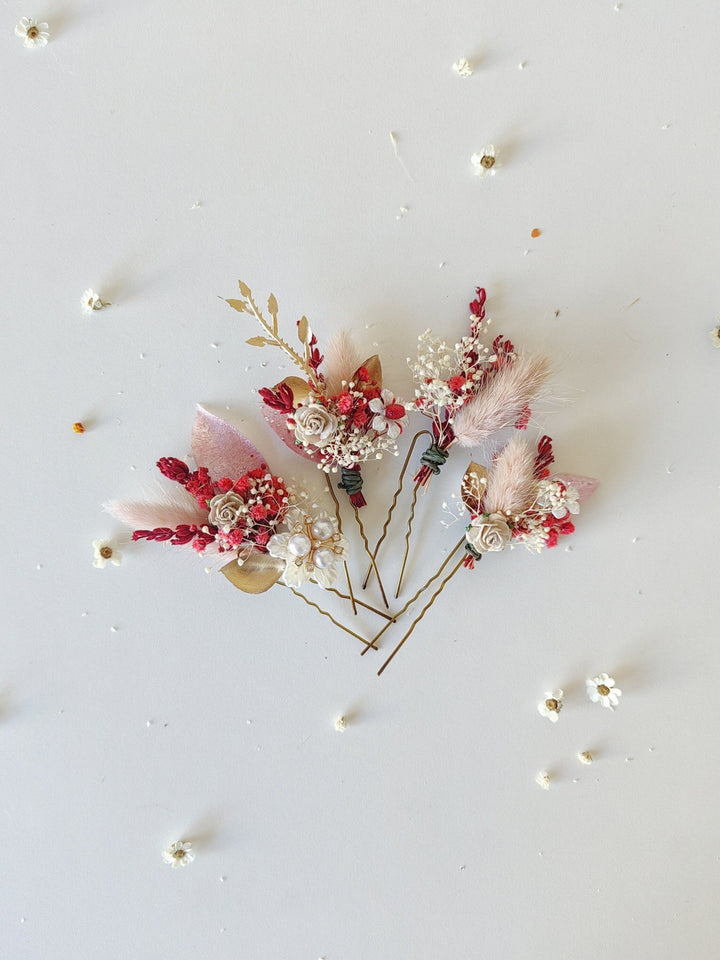Red and Gold Flower Hair Pins: Glam Wedding Hair Accessories – handmade floral hair accessory by magaela