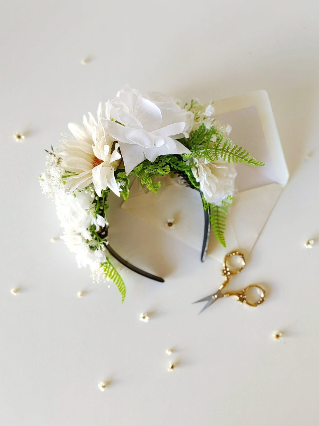White Cream Flower Crown: Double - Sided Frida Headband – handmade floral hair accessory by magaela
