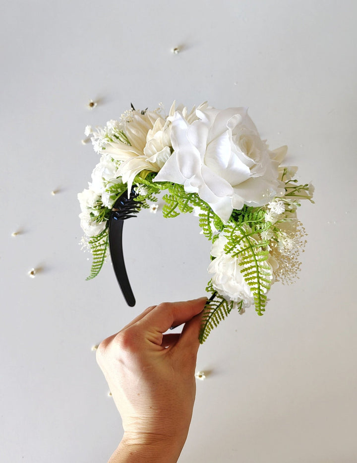 White Cream Flower Crown: Double - Sided Frida Headband – handmade floral hair accessory by magaela