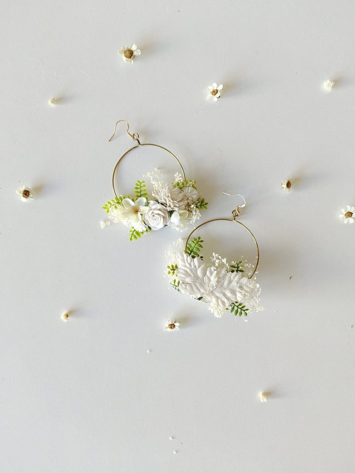 White Flower Circle Bridal Earrings: Wedding Jewelry – handmade floral hair accessory by magaela