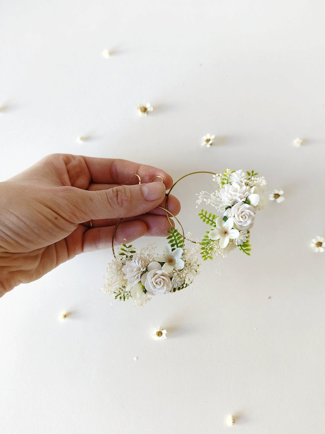 White Flower Circle Bridal Earrings: Wedding Jewelry – handmade floral hair accessory by magaela