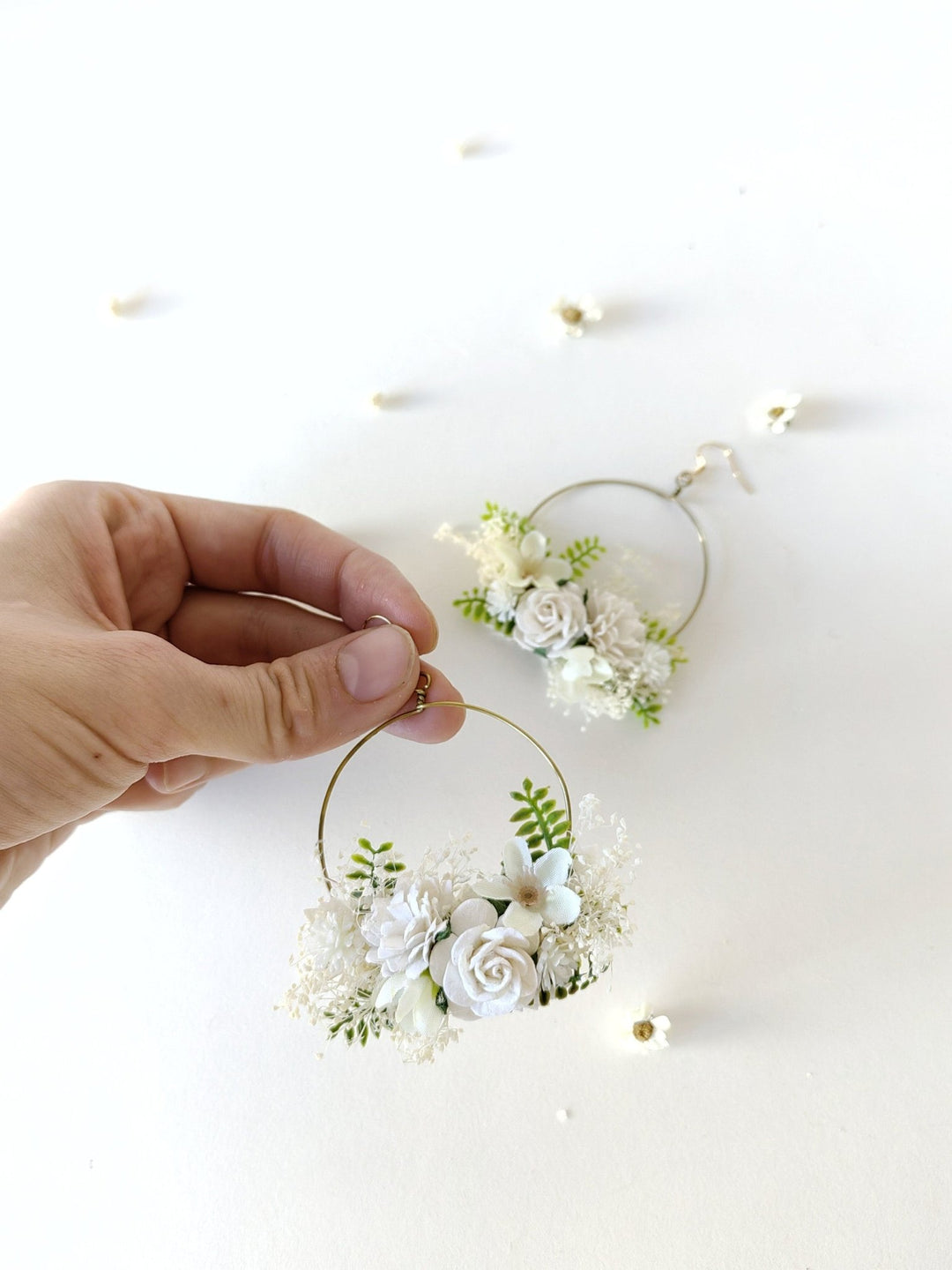 White Flower Circle Bridal Earrings: Wedding Jewelry – handmade floral hair accessory by magaela