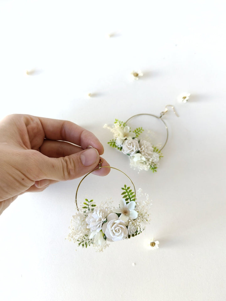White Flower Circle Bridal Earrings: Wedding Jewelry – handmade floral hair accessory by magaela