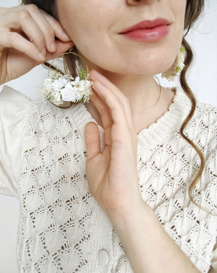 White Flower Circle Bridal Earrings: Wedding Jewelry – handmade floral hair accessory by magaela