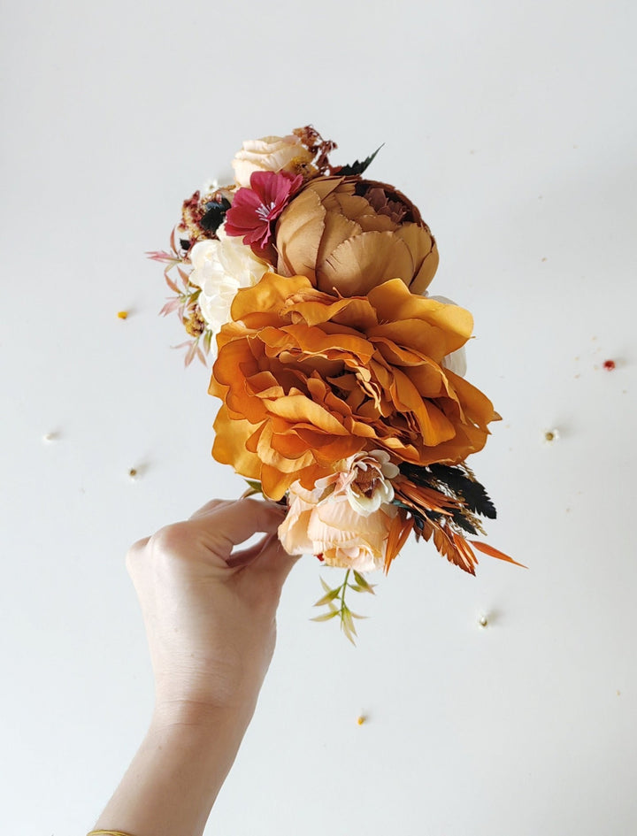 Terracotta Flower Headband: Frida Hair Crown, Double Sided Wedding Hairband – handmade floral hair accessory by magaela