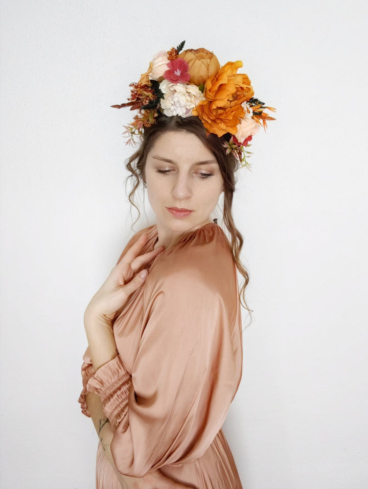 Terracotta Flower Headband: Frida Hair Crown, Double Sided Wedding Hairband – handmade floral hair accessory by magaela