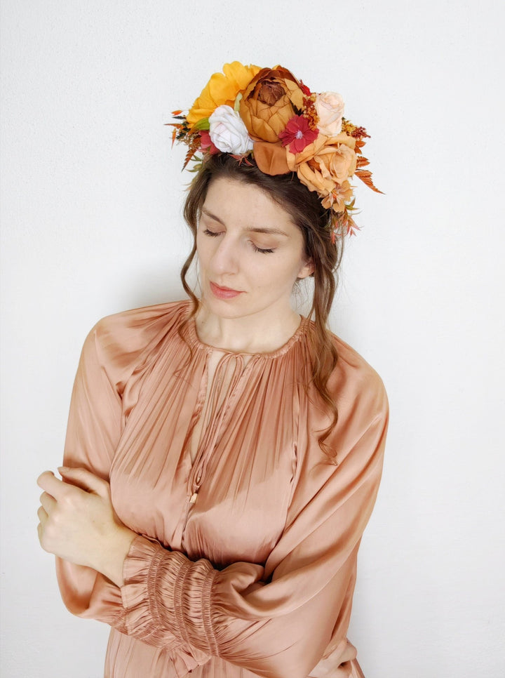 Terracotta Flower Headband: Frida Hair Crown, Double Sided Wedding Hairband – handmade floral hair accessory by magaela