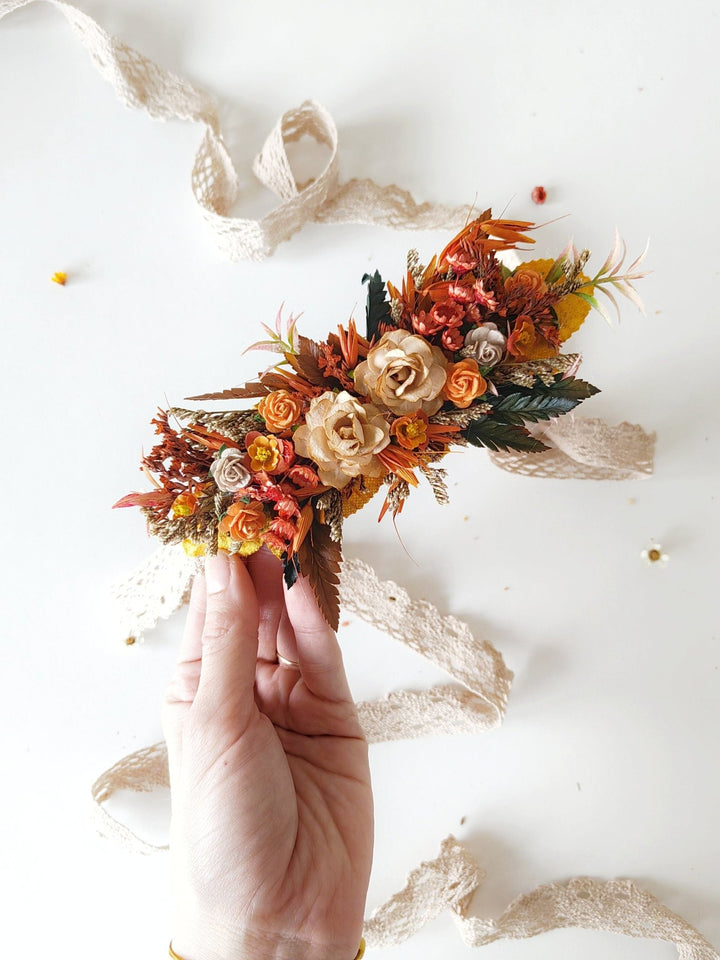 Terracotta Flower Belt: Burnt Orange Autumn Wedding Bridal Dress Belt – handmade floral hair accessory by magaela