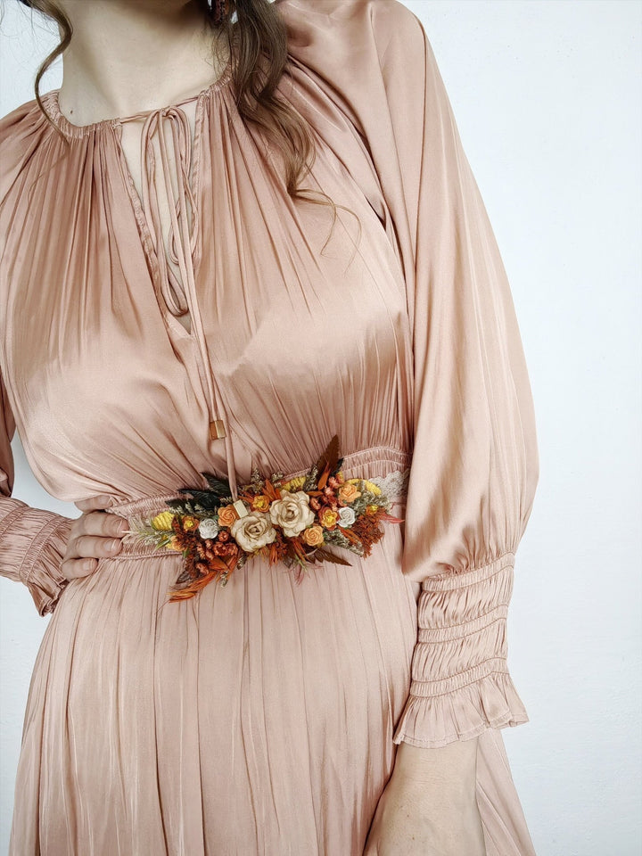 Terracotta Flower Belt: Burnt Orange Autumn Wedding Bridal Dress Belt – handmade floral hair accessory by magaela