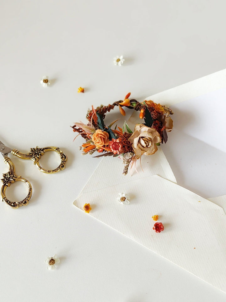 Autumn Flower Wrist Corsage: Terracotta Bridal Bracelet – handmade floral hair accessory by magaela