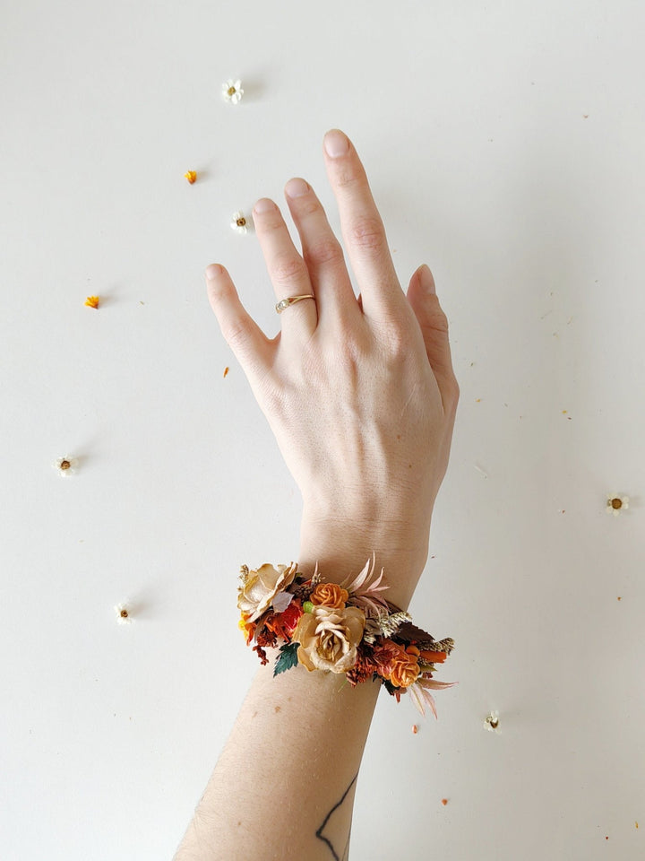Autumn Flower Wrist Corsage: Terracotta Bridal Bracelet – handmade floral hair accessory by magaela