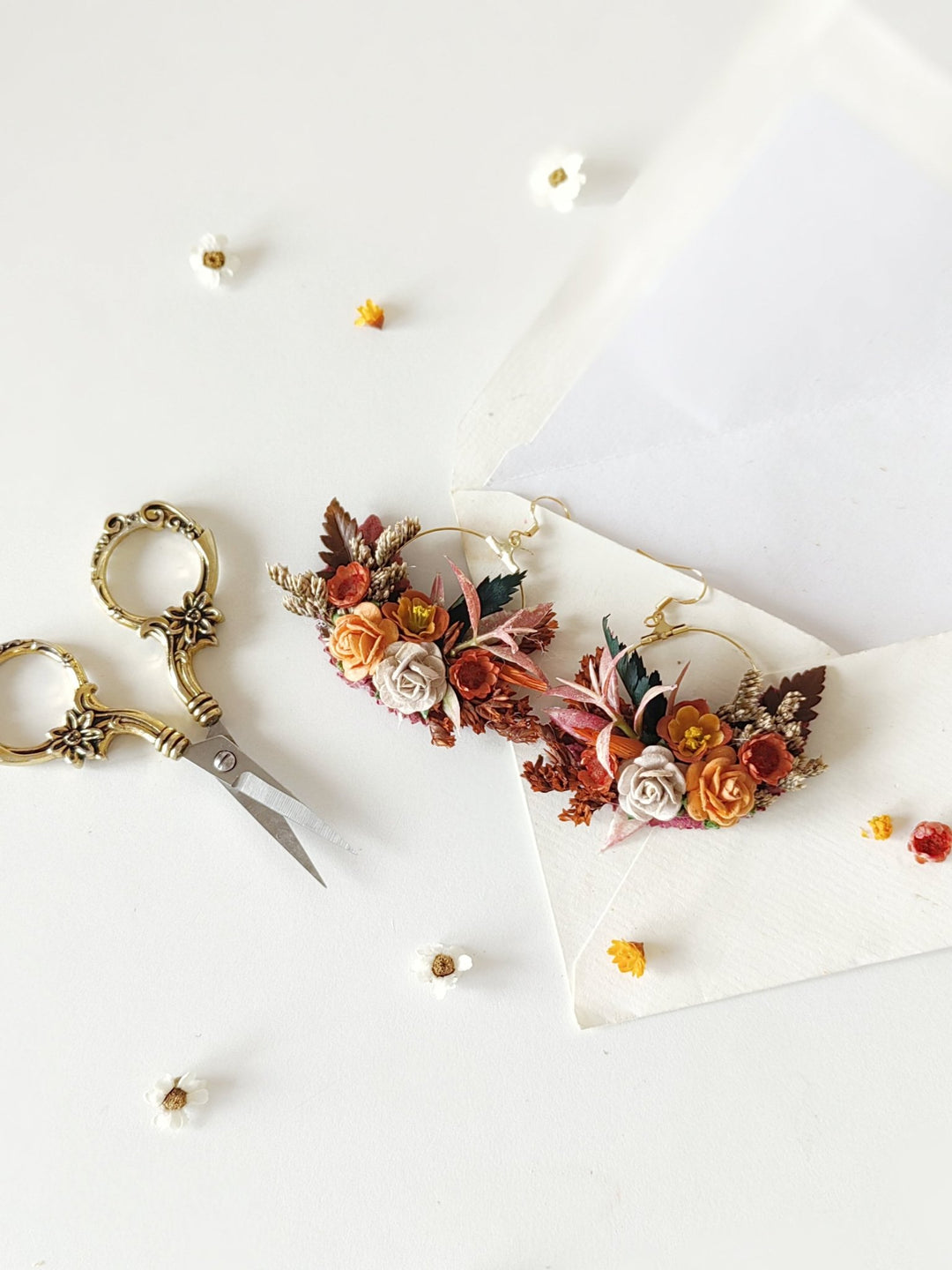 Terracotta Flower Circle Earrings: Autumn Wedding Jewelry – handmade floral hair accessory by magaela