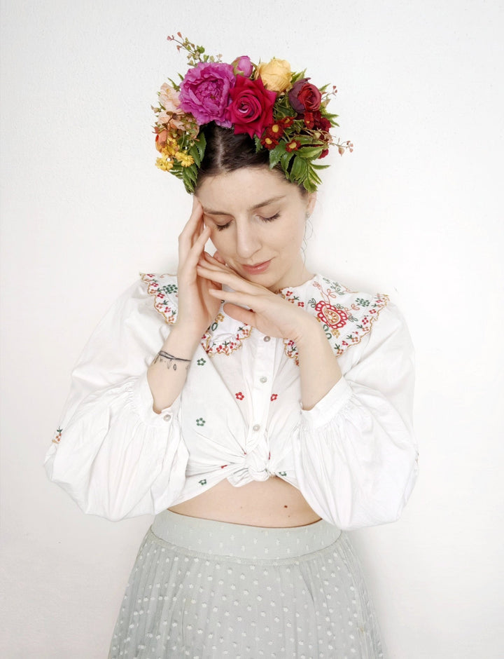 Colorful Magenta Frida Flower Headband: Double - Sided Floral Crown – handmade floral hair accessory by magaela