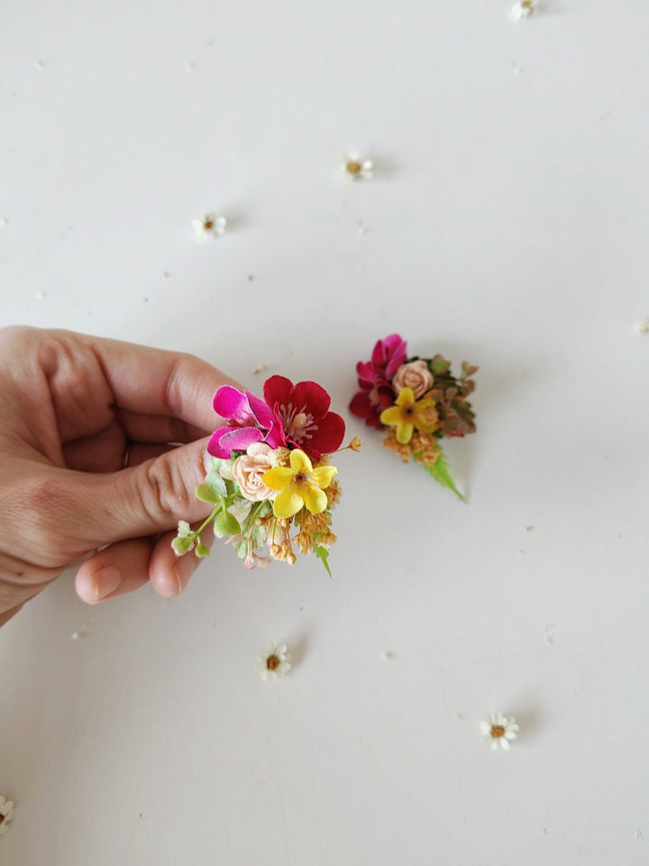 Magenta Yellow Flower Earrings: Bridal Garden Wedding Jewelry – handmade floral hair accessory by magaela