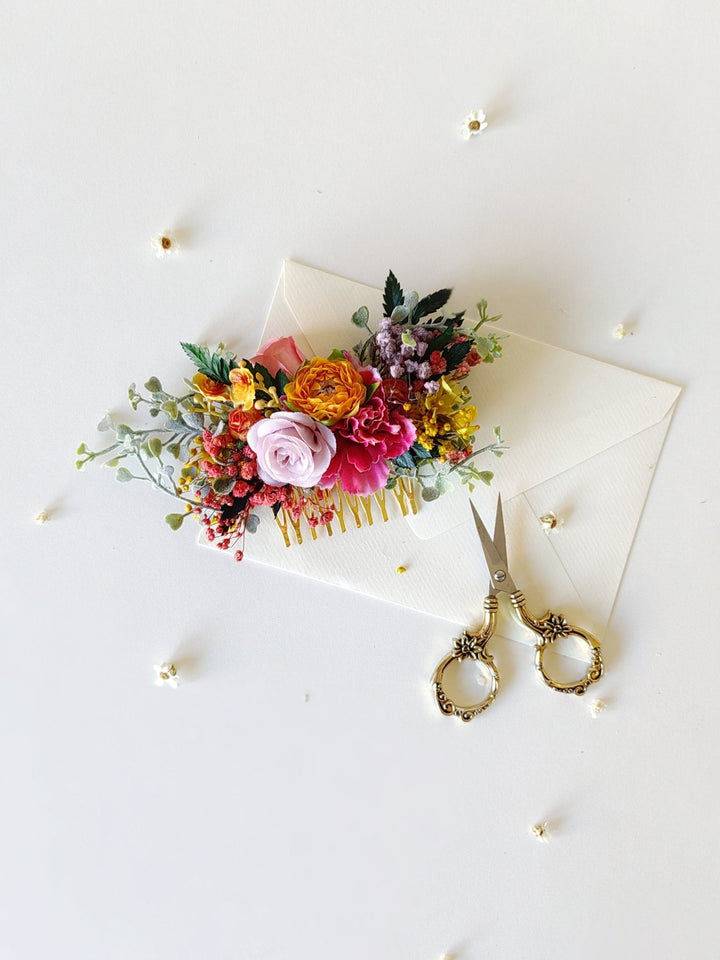 Colorful Floral Hair Comb: Boho Bridal Wedding Accessory – handmade floral hair accessory by magaela