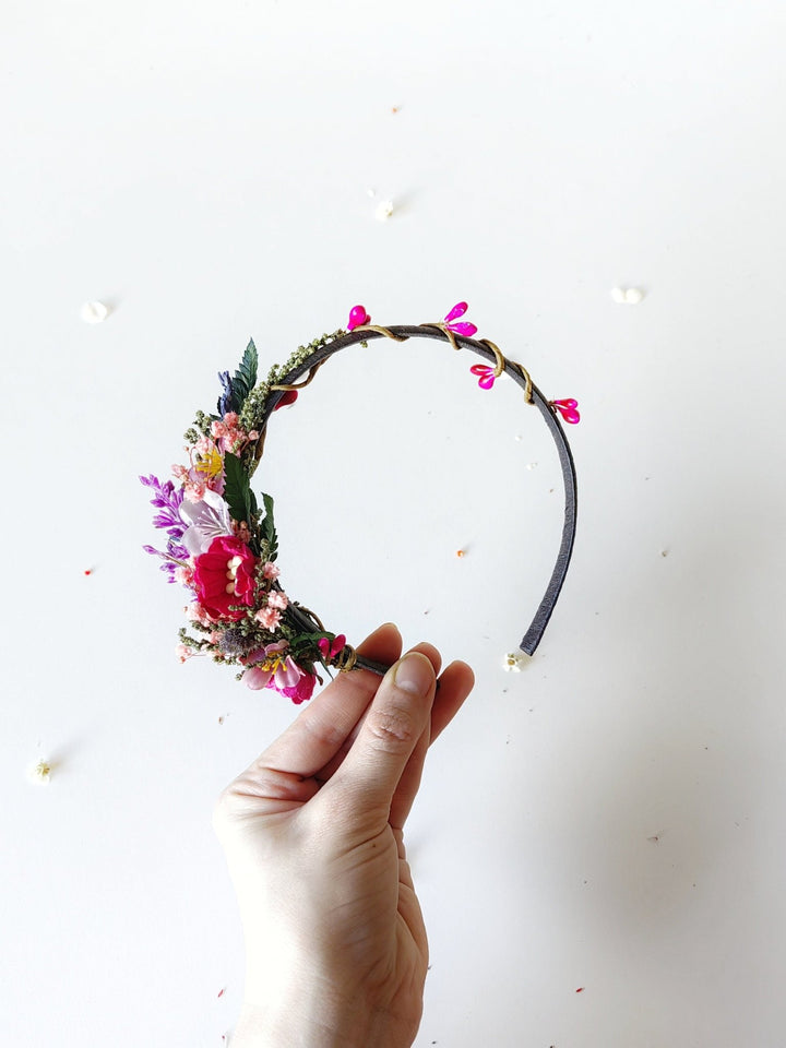 Magenta Purple Flower Headband: Boho Bridal Headpiece – handmade floral hair accessory by magaela