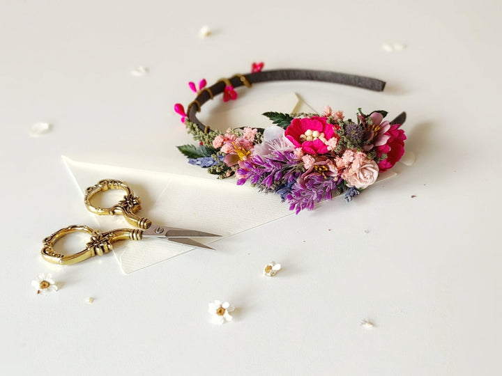 Magenta Purple Flower Headband: Boho Bridal Headpiece – handmade floral hair accessory by magaela