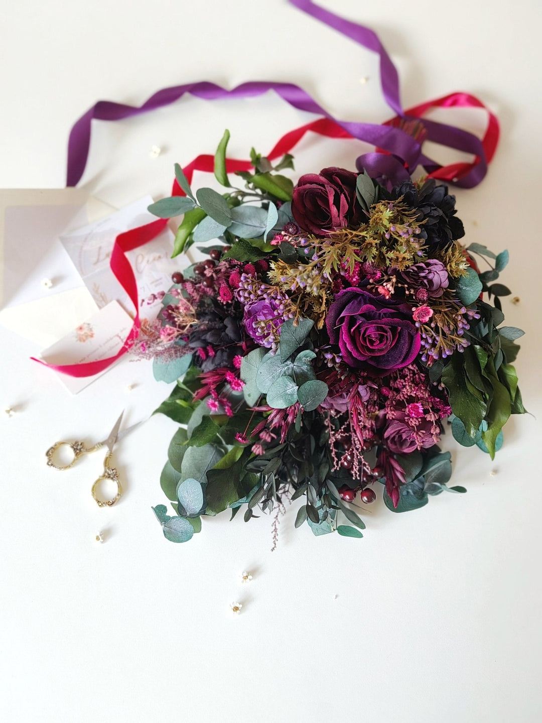 Plum & Purple Bridal Bouquet: Gothic Autumn Wedding Eucalyptus – handmade floral hair accessory by magaela