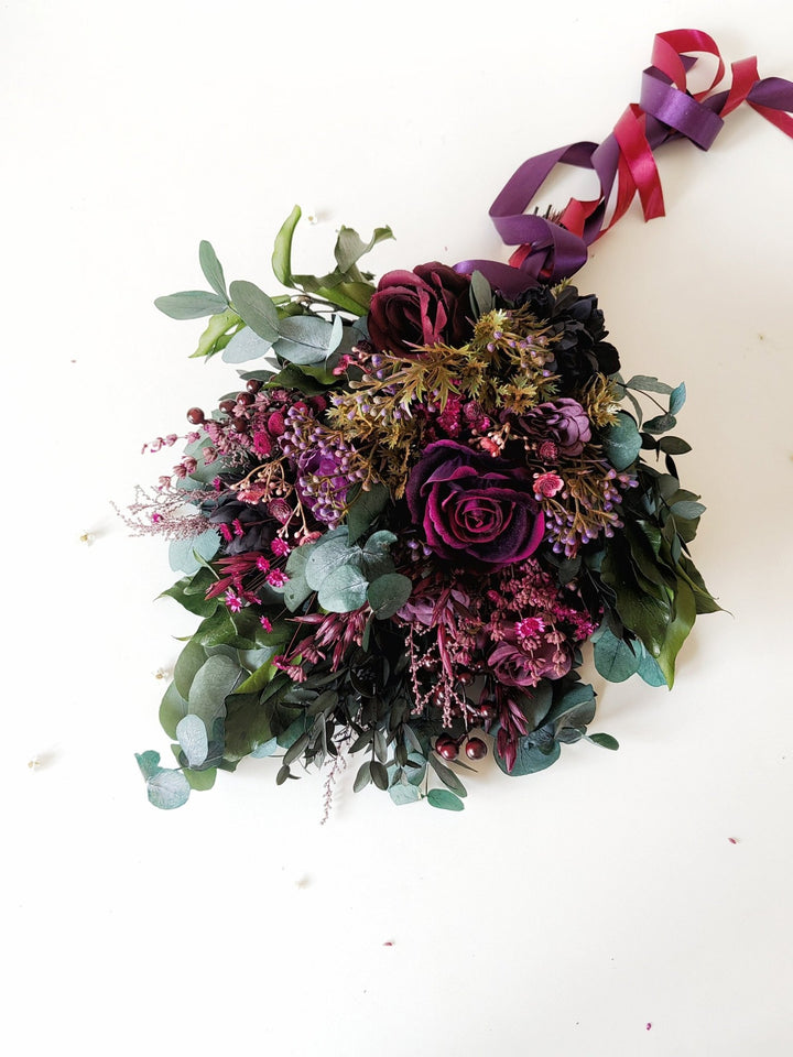 Plum & Purple Bridal Bouquet: Gothic Autumn Wedding Eucalyptus – handmade floral hair accessory by magaela