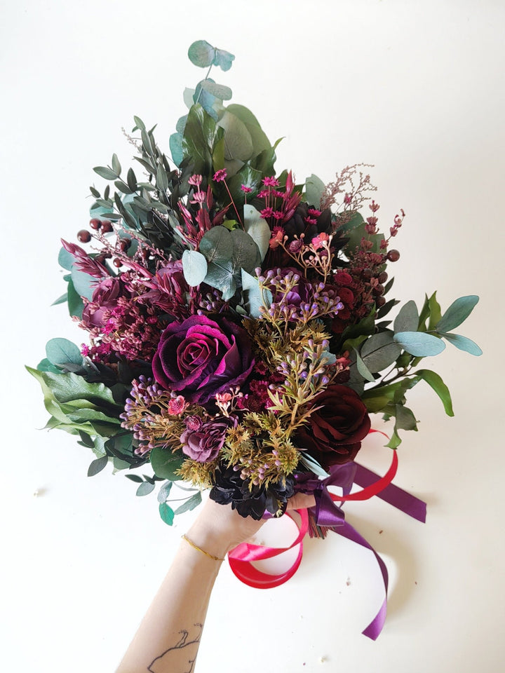Plum & Purple Bridal Bouquet: Gothic Autumn Wedding Eucalyptus – handmade floral hair accessory by magaela