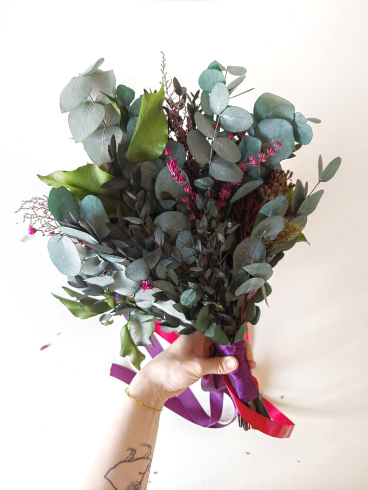 Plum & Purple Bridal Bouquet: Gothic Autumn Wedding Eucalyptus – handmade floral hair accessory by magaela