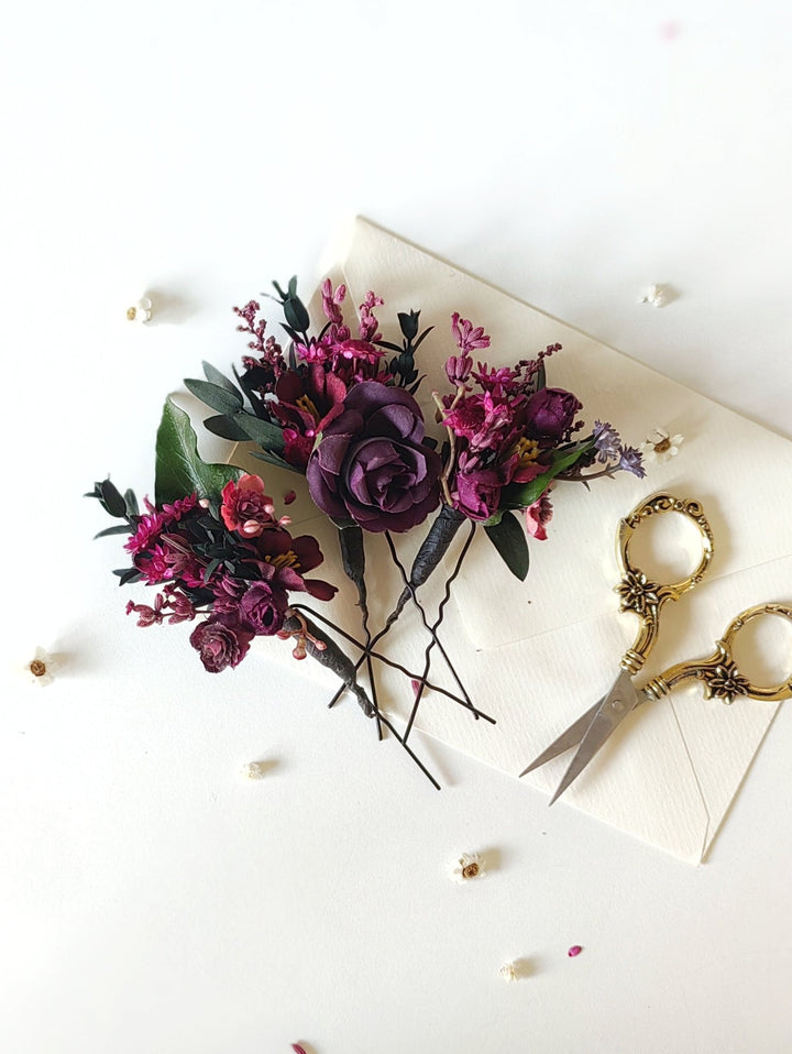 Burgundy Flower Hair Pins: Violet Wedding Bridal Headpiece – handmade floral hair accessory by magaela
