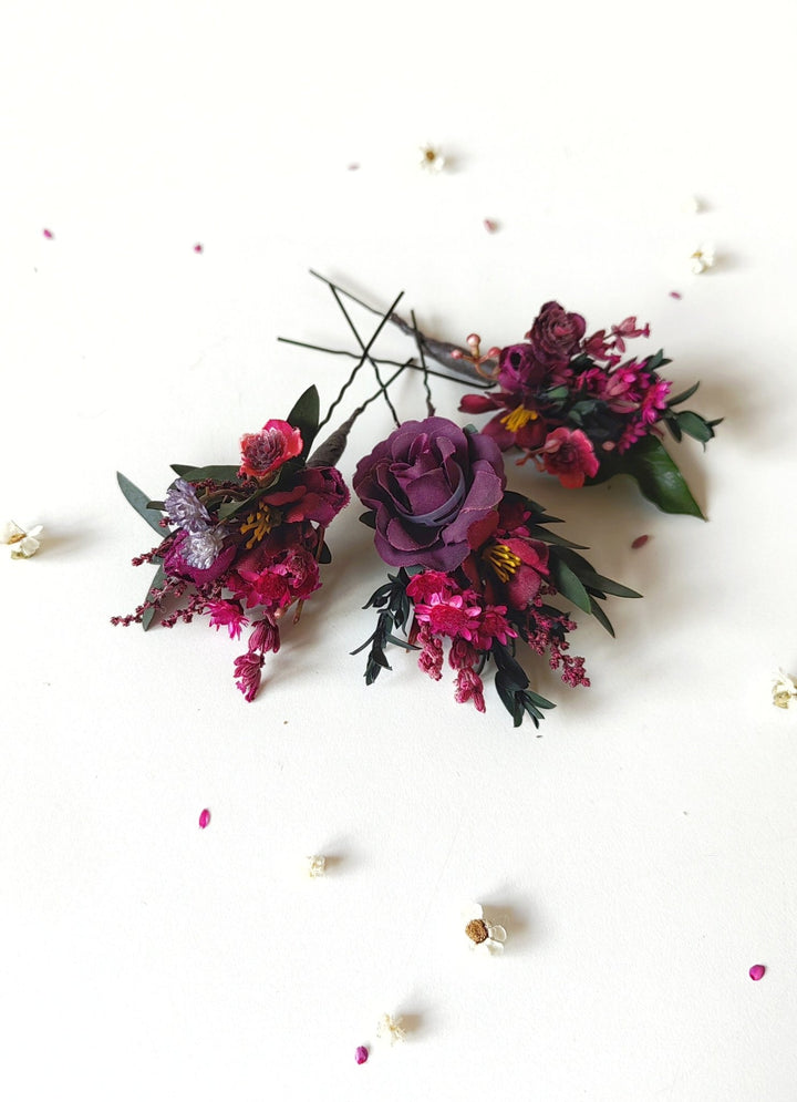 Burgundy Flower Hair Pins: Violet Wedding Bridal Headpiece – handmade floral hair accessory by magaela