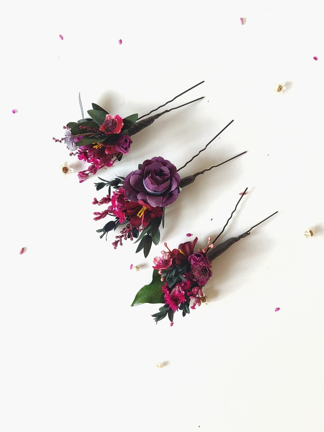 Burgundy Flower Hair Pins: Violet Wedding Bridal Headpiece – handmade floral hair accessory by magaela