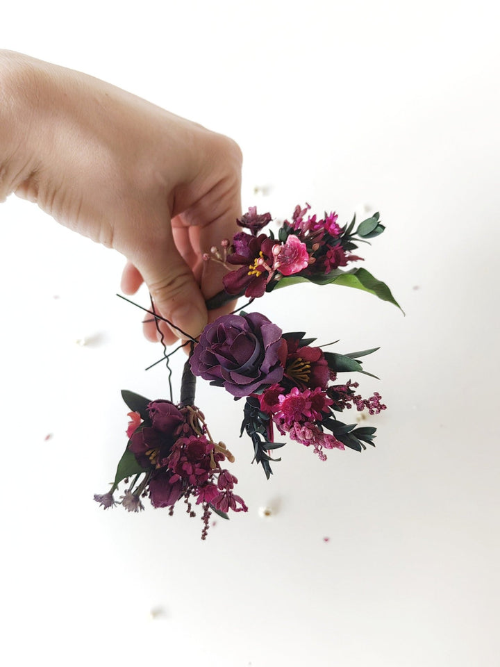 Burgundy Flower Hair Pins: Violet Wedding Bridal Headpiece – handmade floral hair accessory by magaela