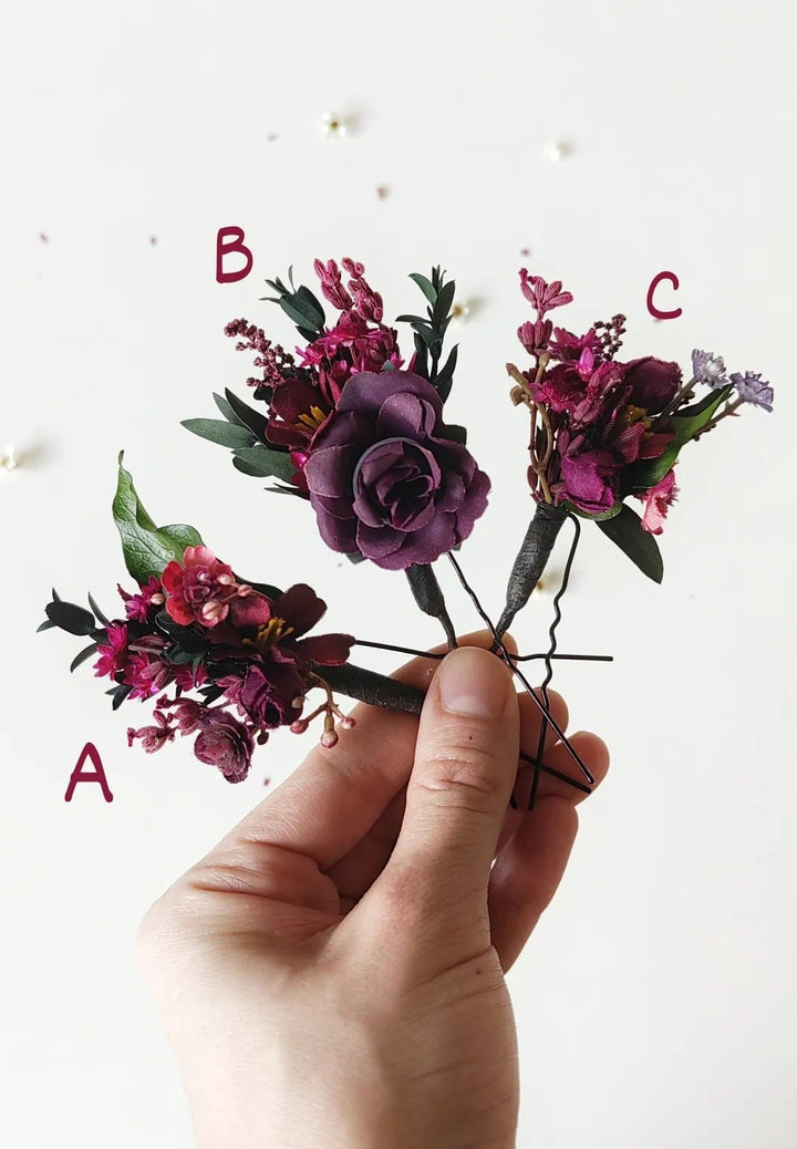 Burgundy Flower Hair Pins: Violet Wedding Bridal Headpiece – handmade floral hair accessory by magaela
