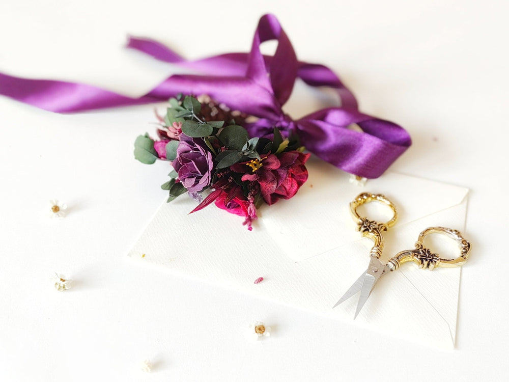 Purple Flower Wrist Corsage: Bridesmaid Wedding Bracelet – handmade floral hair accessory by magaela