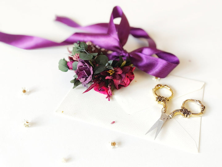 Purple Flower Wrist Corsage: Bridesmaid Wedding Bracelet – handmade floral hair accessory by magaela