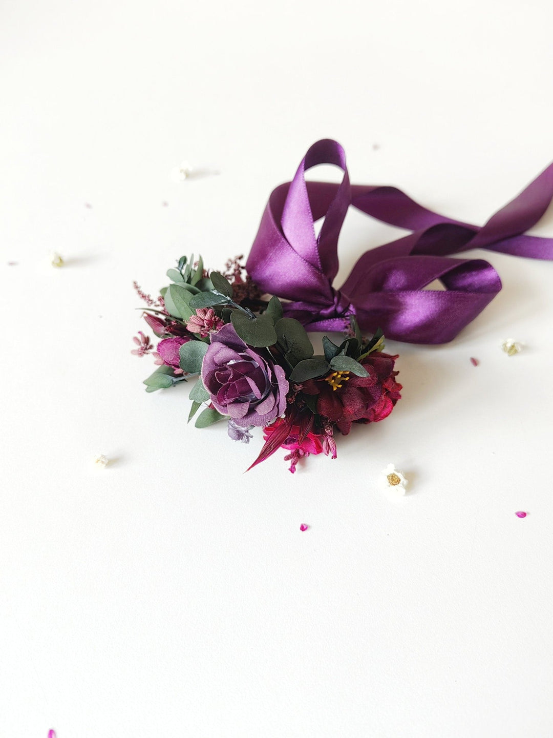 Purple Flower Wrist Corsage: Bridesmaid Wedding Bracelet – handmade floral hair accessory by magaela