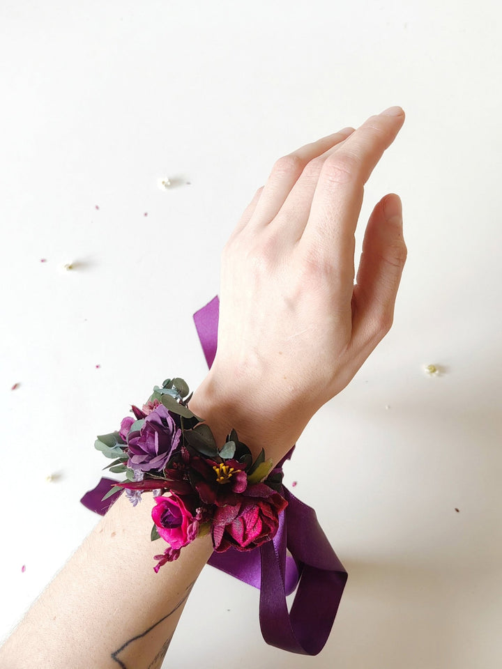 Purple Flower Wrist Corsage: Bridesmaid Wedding Bracelet – handmade floral hair accessory by magaela