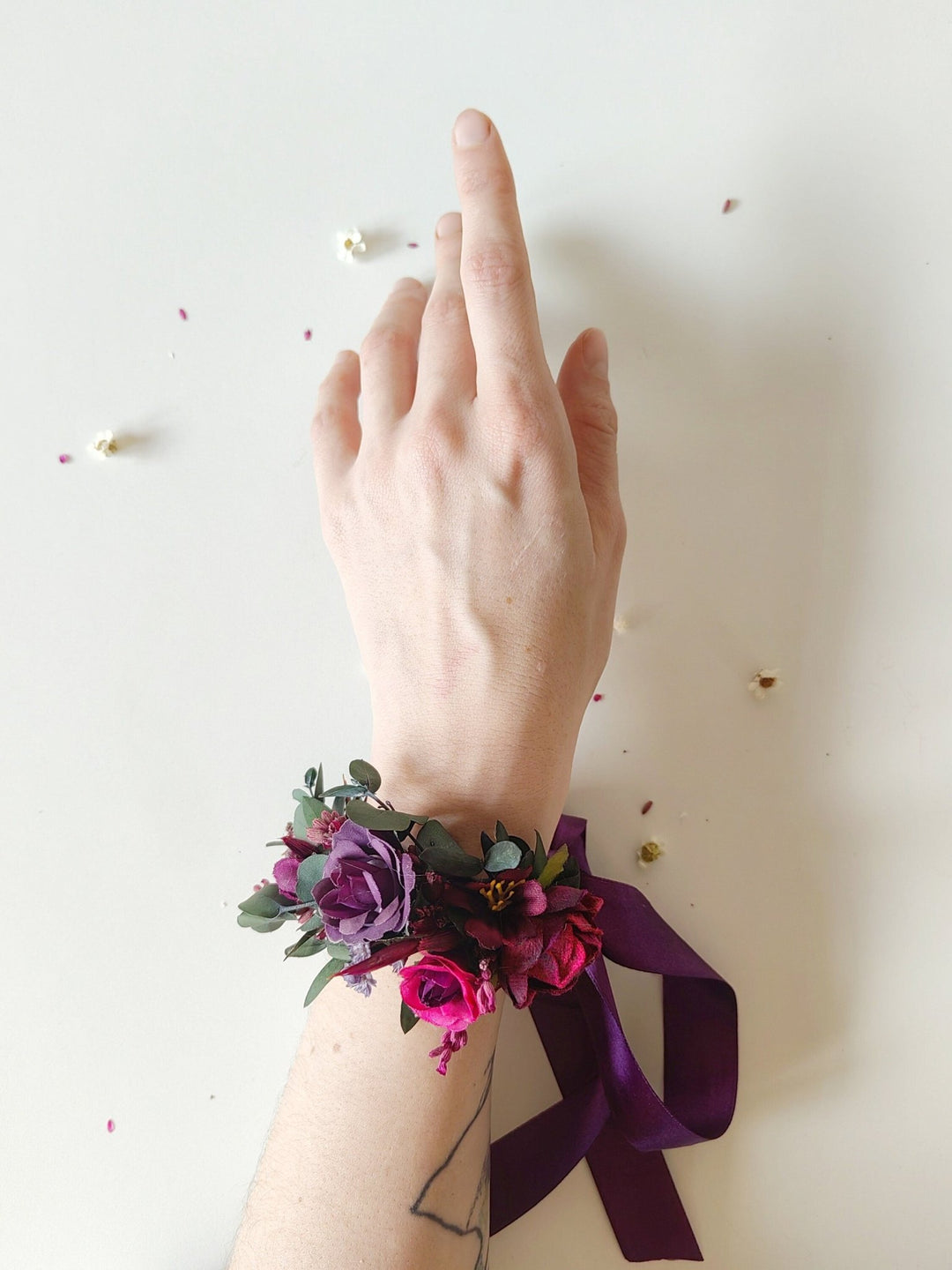 Purple Flower Wrist Corsage: Bridesmaid Wedding Bracelet – handmade floral hair accessory by magaela