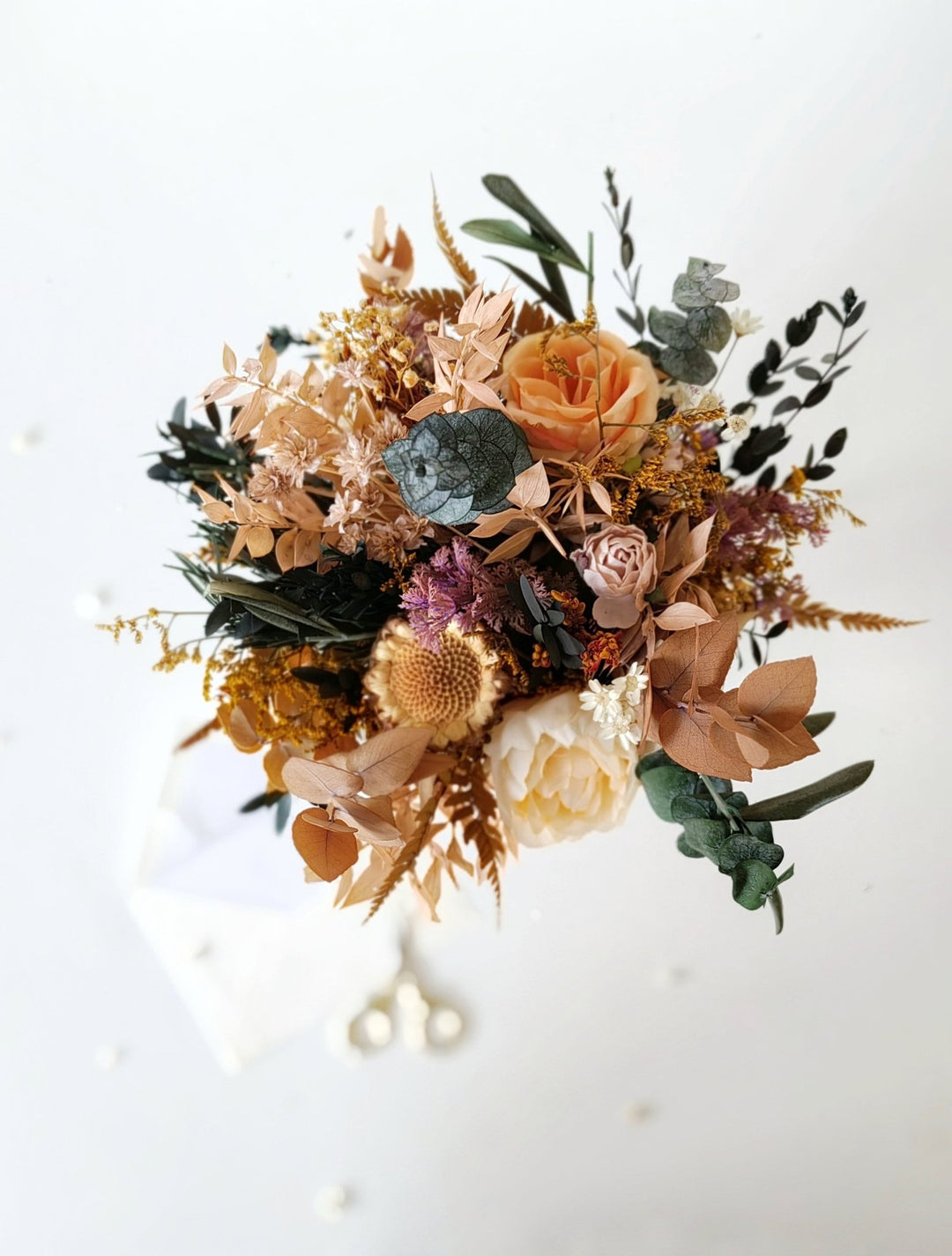 Autumn Rustic Bridal Bouquet: Orange Cream Eucalyptus Wedding – handmade floral hair accessory by magaela