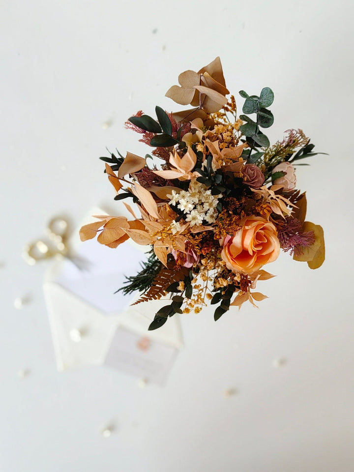 Autumn Rustic Bridal Bouquet: Orange Cream Eucalyptus Wedding – handmade floral hair accessory by magaela