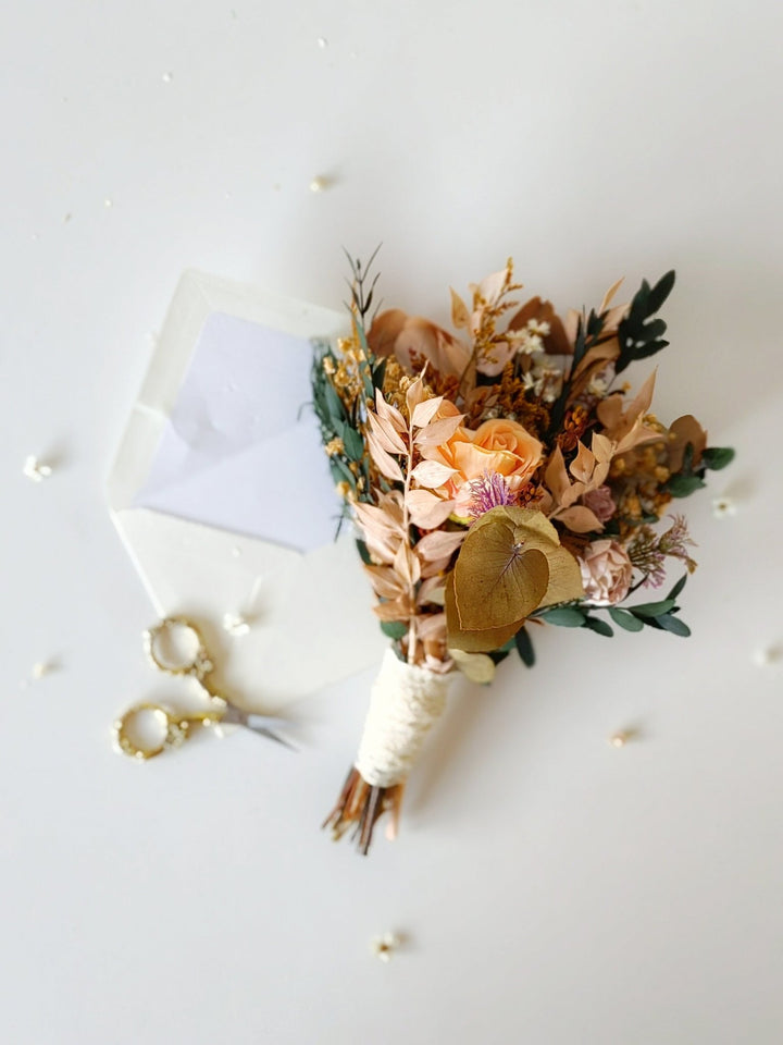 Autumn Rustic Bridal Bouquet: Orange Cream Eucalyptus Wedding – handmade floral hair accessory by magaela