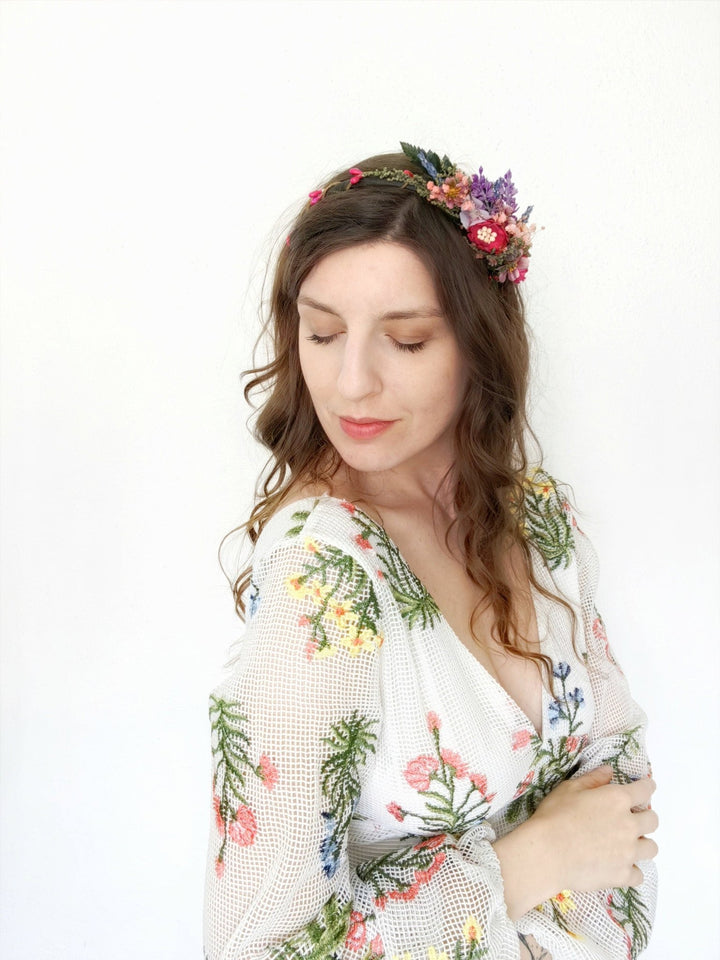 Magenta Purple Flower Headband: Boho Bridal Headpiece – handmade floral hair accessory by magaela